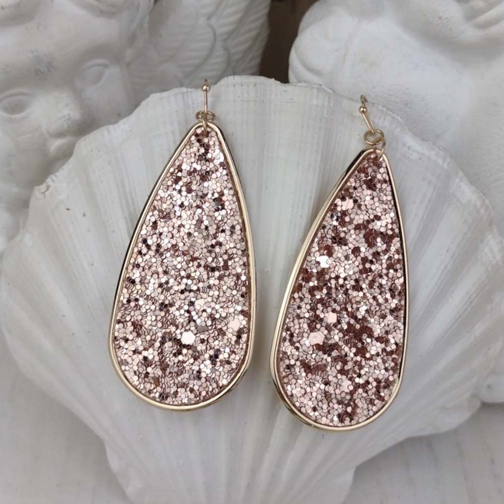 Gold-Trim Rose Gold Glitter Teardrop Earrings - Women Jewelry
